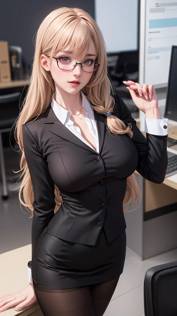 1woman,random office lady fashion,(Thin type),(large breasts),(random sexy pose),(random hairstyle),(Highest image quality,(8K), Ultra-realistic, Best Quality, High quality, High Definition, high quality texture, high detailing, Beautiful detailed, fine detailed, extremely details CG, Detailed texture, realistic representation of face, masterpiece, presence),(wearing glasses:1.2),black pantyhose