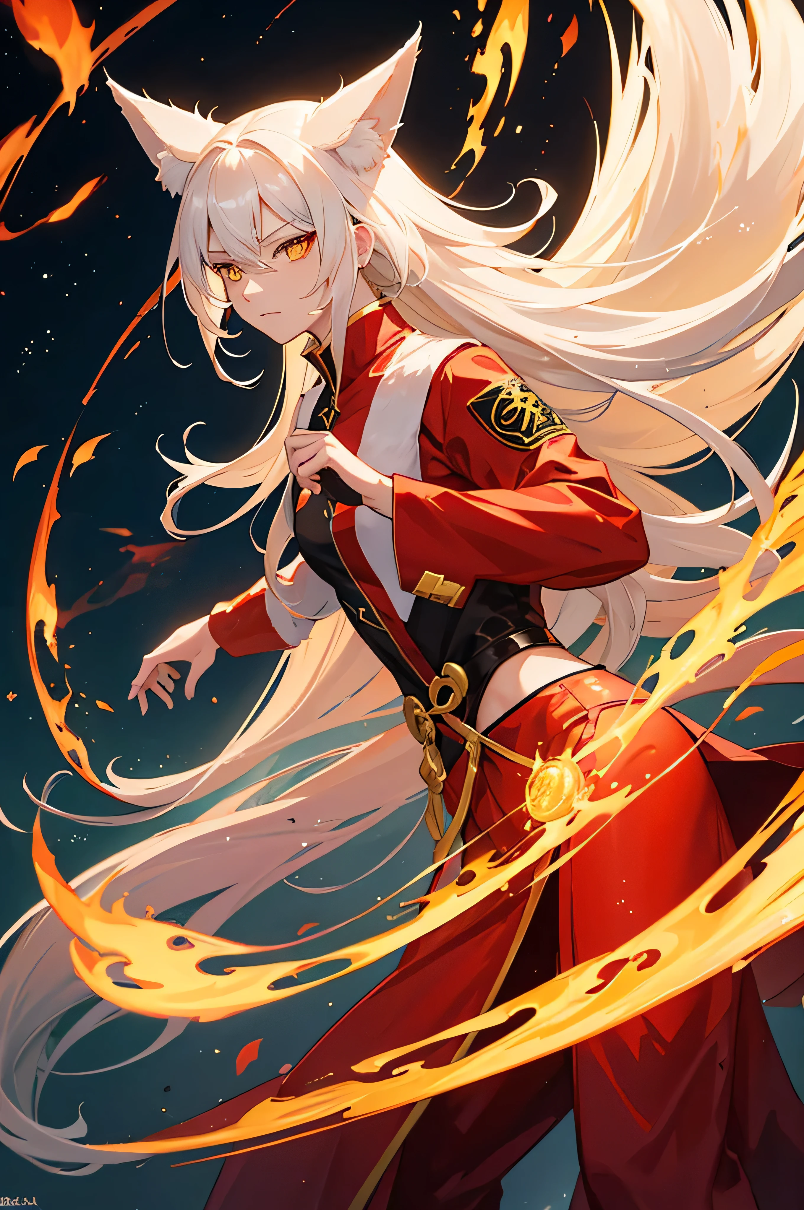 A single adult nine-tailed fox, with human face and characteristics, with serious facial expression, yellow eyes with fire effect inside, with red clothes and black parts, with armband with a blood moon emblazoned as a symbol, white skin and body with fox fur.