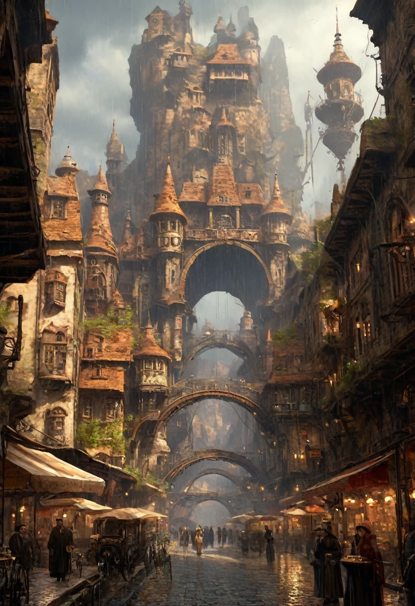 ((masterpiece)),((best quality)),((high detial)),((realistic,))
Industrial age city, deep canyons in the middle, architectural streets, bazaars, Bridges, rainy days, steampunk, European architecture