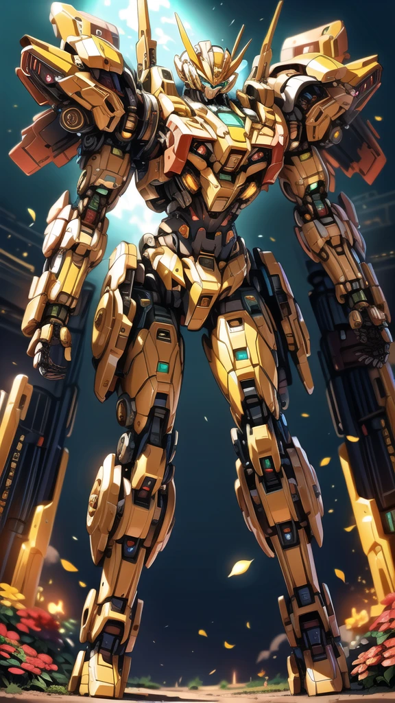 ((Masterpiece, Best Quality)), illustration, ultra-detailed 8K, realistic, clear focus, highly detailed, professional lighting, colorful details, rainbow colors BREAK factory super long shot, (1 large mechanical robot), microchip, computer, luminescence, intricate details, shitu-mecha, 1girl downscale standing in front of the viewer, navel