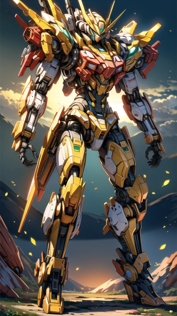 ((Masterpiece, Best Quality)), illustration, ultra-detailed 8K, realistic, clear focus, highly detailed, professional lighting, colorful details, rainbow colors BREAK factory super long shot, (1 large mechanical robot), microchip, computer, luminescence, intricate details, shitu-mecha, 1girl downscale standing in front of the viewer, navel
