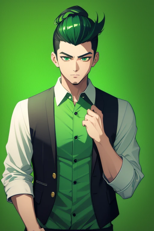Handsome Japanese boy, green hair, Pompadour hairstyle, slim build, green eyes, short sleeve vest, neo green shirt with slime print, green jeans, neon green background