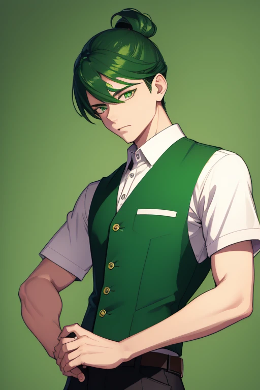 Handsome Japanese boy, green hair, Pompadour hairstyle, slim build, green eyes, short sleeve vest, neo green shirt with slime print, green jeans, neon green background
