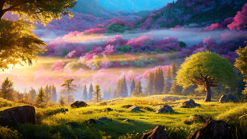 Imagine standing in the heart of a futuristic forest that glows with its own ethereal light. The trees are tall and ancient, with bioluminescent leaves that shimmer in a rainbow of colors, casting a magical glow over the forest floor. Interspersed among the trees are clusters of mushrooms that also emit soft, pulsing lights in hues of blue, green, and violet, adding to the enchanting ambiance.

As your eyes travel further, you see the forest opening up, revealing a panoramic view of distant, majestic mountains. The peaks are bathed in the golden and pink hues of a breathtaking sunset, visible through the gaps between the trees. The sky is a gradient of warm colors, transitioning from deep oranges and reds near the horizon to softer purples and blues as it stretches higher.

In the foreground, a snake, sleek and iridescent, is coiled around a sturdy tree branch. Its scales reflect the ambient light, making it look almost otherworldly as it observes its surroundings. The snake’s presence adds a hint of mystery and wildness to the serene beauty of the scene.

The depth of the image captures the vastness of the forest, leading the eye from the illuminated mushrooms at your feet, through the towering, glowing trees, all the way to the sun-kissed mountains in the distance