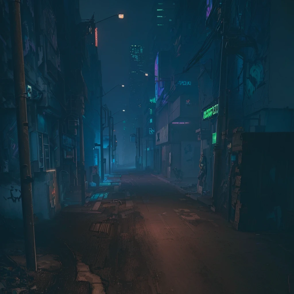 there is a dark street with a lot of graffiti, cyberpunk street at night, cyberpunk streets at night, hyper-realistic cyberpunk city, cyberpunk city street, cyberpunk street, cyberpunk city abandoned, cyberpunk dreamscape, cyberpunk night street, cyberpunk landscape, sci-fi cyberpunk city street, cyberpunk atmosphere, old cyberpunk 8k resolution, dirty cyberpunk city, cyberpunk atmosphere