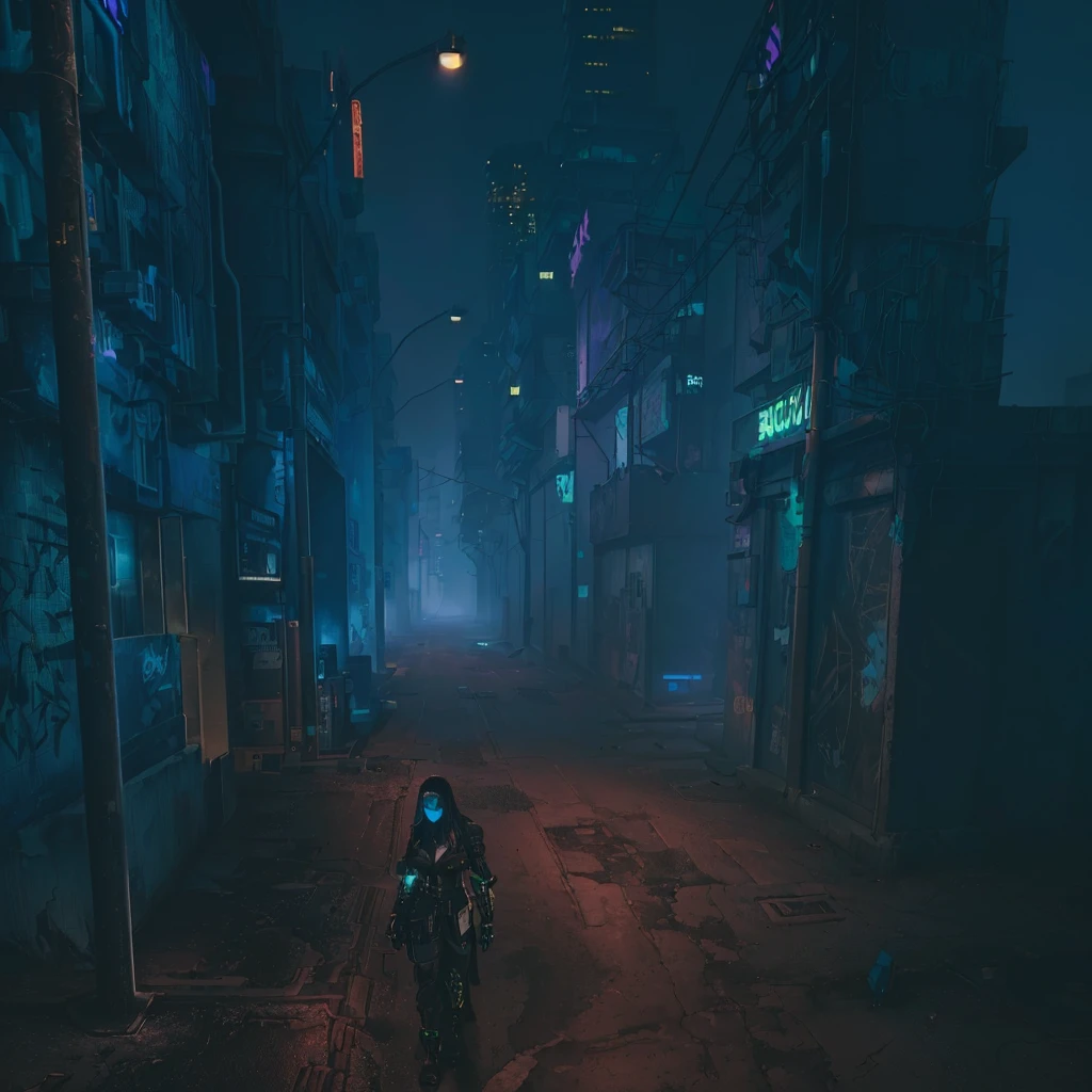 there is a dark street with a lot of graffiti, cyberpunk street at night, cyberpunk streets at night, hyper-realistic cyberpunk city, cyberpunk city street, cyberpunk street, cyberpunk city abandoned, cyberpunk dreamscape, cyberpunk night street, cyberpunk landscape, sci-fi cyberpunk city street, cyberpunk atmosphere, old cyberpunk 8k resolution, dirty cyberpunk city, cyberpunk atmosphere