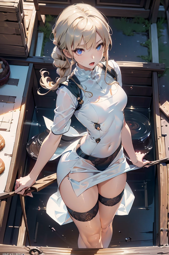 (from above:1.2),18 year old beautiful girl,Purplish blue eyes that dreamers desire,(Blonde hair) , small stature, ,Lori,(masutepiece:1.2, Best Quality),(finely detailed beautiful eye: 1.2),(beautifull detailed face),(perky chest:1.1),(pointed chest:1.2),(cakes magazine cover:1.5),(Best Illumination, extremely delicate and beautiful),sexy pose,make a cocktail , in a bar counter,Ultra Contrast,Braid a little around the ears, White long dress, (very detailed),(Raw photo, highest quality),(realistic, Photoreal:1.3), high detail, very detailed complex 3D rendering of face, (very detailed skin:1.2), dynamic angle, fire glow effect, professional lighting, side light, cinematic light, a super high resolution, 8K , best shadow, particles of light, Fine skin texture, detailed face, intricate details, Super detailed, shine, Please reconsider, full body,, beautiful face, shiny skin, thin, nice companion, delicate body, thin legs, naked apron, ((crawl on all fours:0.4)), beautiful back, butt, turn around, A picture from a little behind, bend the body, the skirt is floating in the wind, Dark purple panties, thin Pubic hair ,(with sparkling eyes and a contagious smile), open mouth, highest quality, high resolution, Real World, Natural light, perfect Natural Light,
