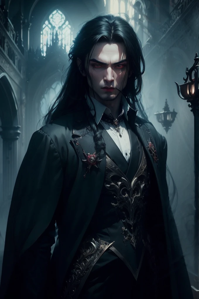 {anatomy}(Masterpiece - Ultra-detailed, very high resolution) Prepare to be enchanted by a true masterpiece that combines ultra-detailed art with high-resolution rendering. This work portrays a man with long black hair (1.3) and captivating golden eyes (1.2), emanating an aura of mystery in decadent settings. The intricate details and realistic textures invite you to explore every aspect of this enchanting composition. man in black clothes. Rebel look. Red lips. white skin like a vampire.