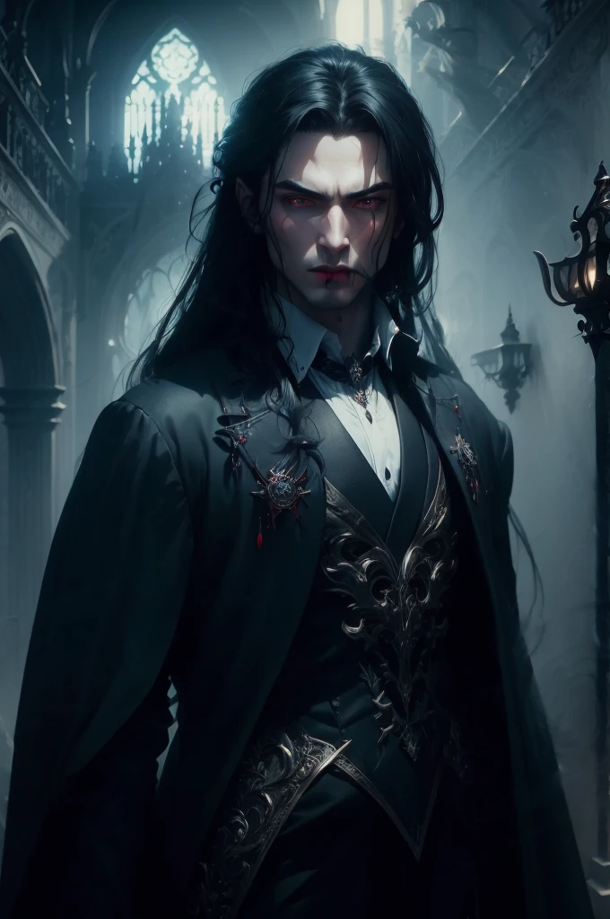 {anatomy}(Masterpiece - Ultra-detailed, very high resolution) Prepare to be enchanted by a true masterpiece that combines ultra-detailed art with high-resolution rendering. This work portrays a man with long black hair (1.3) and captivating golden eyes (1.2), emanating an aura of mystery in decadent settings. The intricate details and realistic textures invite you to explore every aspect of this enchanting composition. man in black clothes. Rebel look. Red lips. white skin like a vampire.