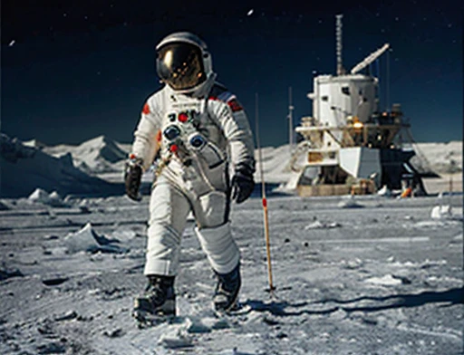 The astronaut wearing a spacesuit is walking on the ice planet and observes something impressed . Focusing on the astronaut's face with horror expressions. Space helmet transparent visor, Different angles.