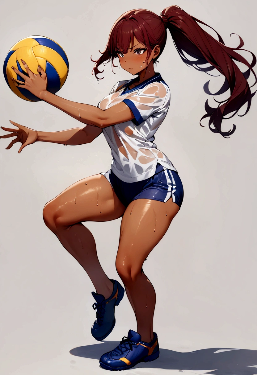 ((best quality)), ((masterpiece)), (detailed), 1girl with tan orange skin and maroon ponytail hair, sweaty wet shirt, varsity volleyball player, blank gray background, standing attack pose, holding volleyball, full body, wearing rubber shoes