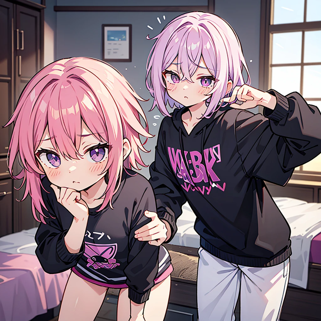 Saika have ,he is a boy, he has short striking pink hair that falls in soft waves around his face, complementing his vibrant purple eyes. His features are sharp and defined, with a youthful charm that is accentuated by his slender build. He often wears a stylish black jacket over a graphic t-shirt and jogging àd sometimes tight, completing his edgy and modern look, he is in his bedroom. He blush a bit