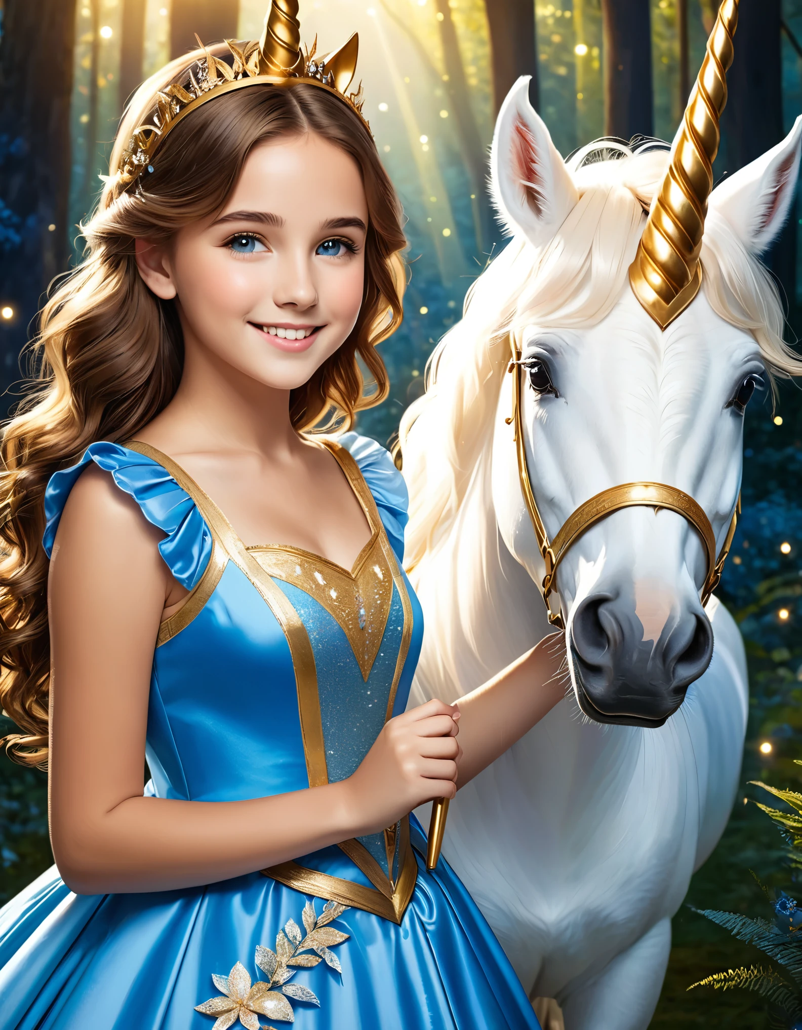 A young girl with brown hair in a blue dress, smiling and posing closely with a white unicorn with a golden horn, set in a magical forest with sparkling lights