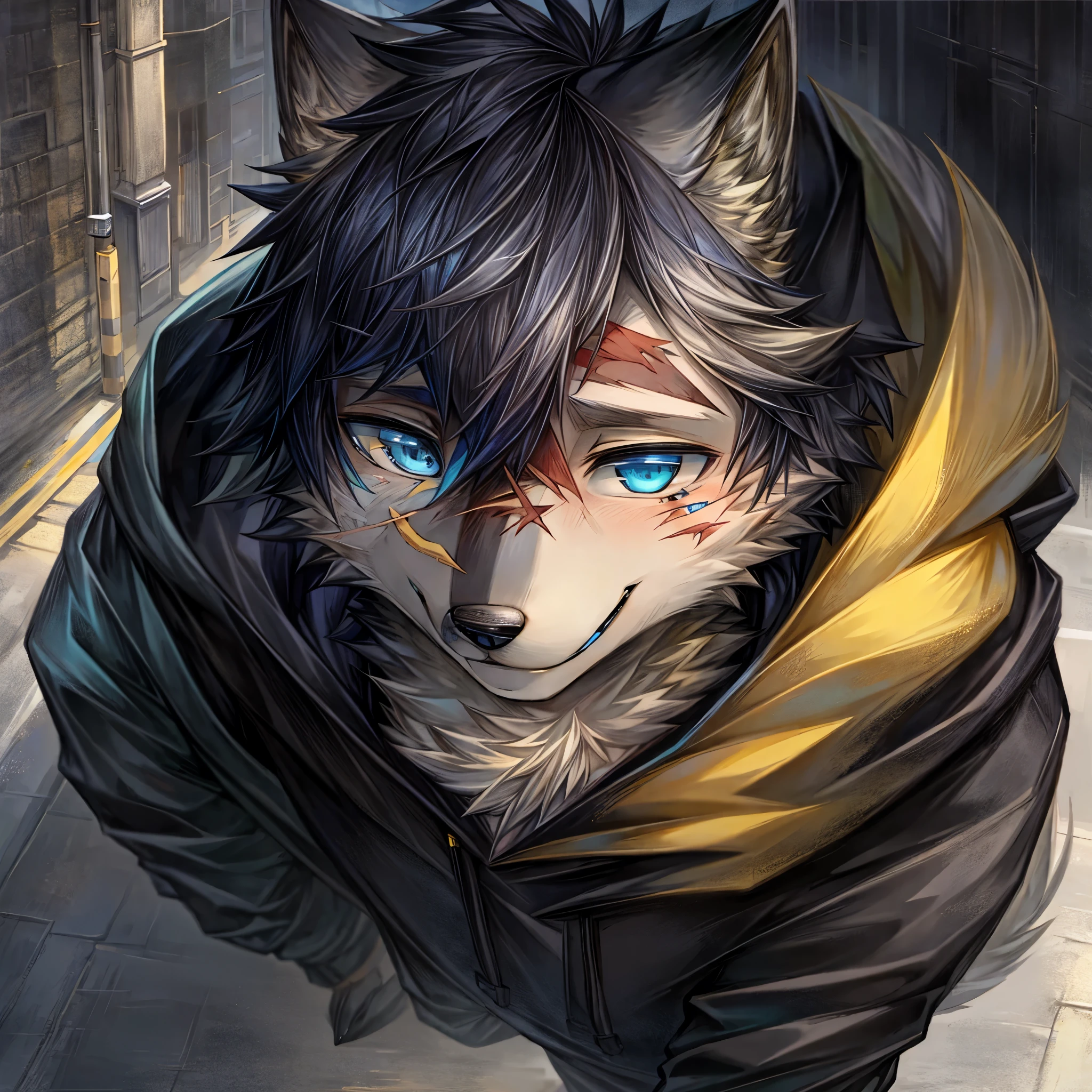 masterpiece,High quality,furry,male,(wolf),(yellow fur),(hoodie),blue eye,In the street,perfect background,Scar on the face,Smile,One person