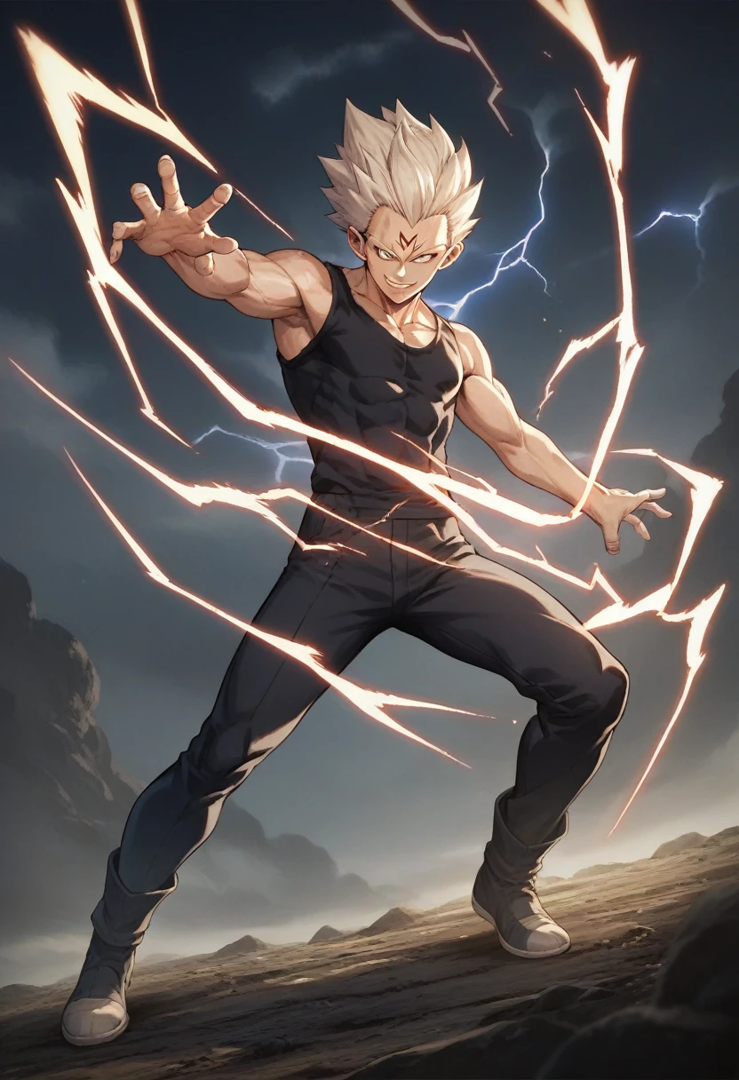 score_9, source_anime, score_8_up, score_7_up, detailed background, 1boy, solo, perfect detailed face, perfect eyes, perfect anatomy, sky, lightning, dynamic pose, dynamic composition, action scene, action pose, evil smile, golden aura