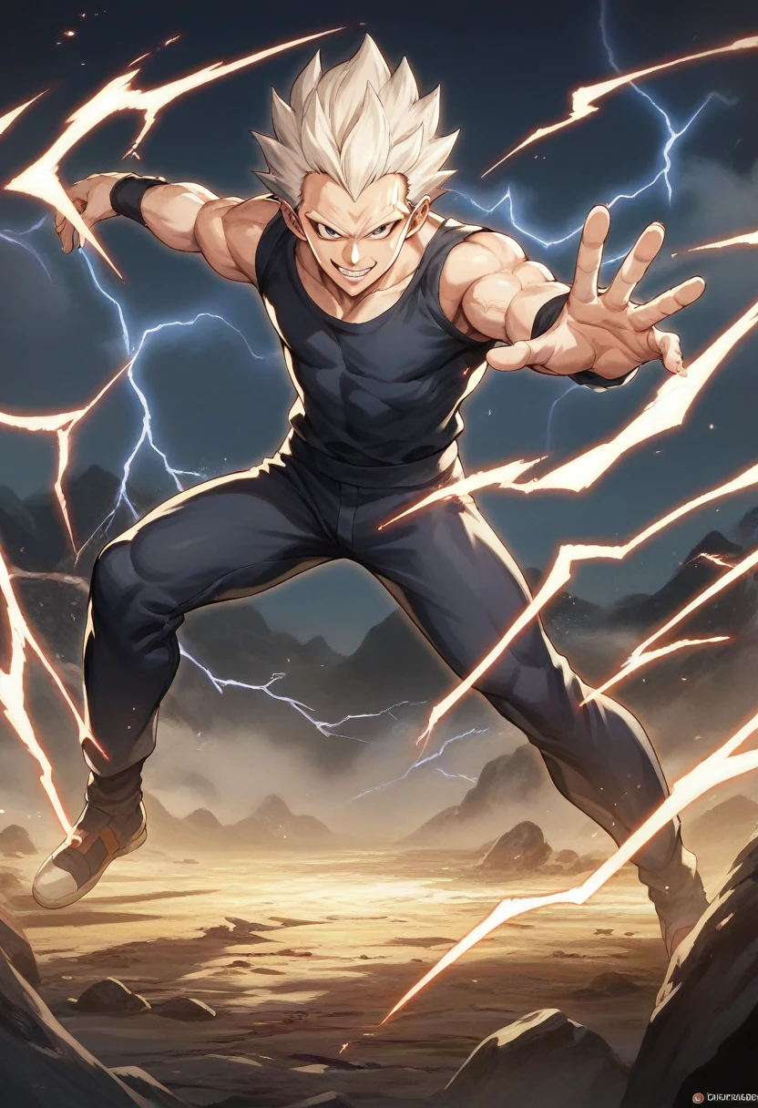 score_9, source_anime, score_8_up, score_7_up, detailed background, 1boy, solo, perfect detailed face, perfect eyes, perfect anatomy, sky, lightning, dynamic pose, dynamic composition, action scene, action pose, evil smile, golden aura