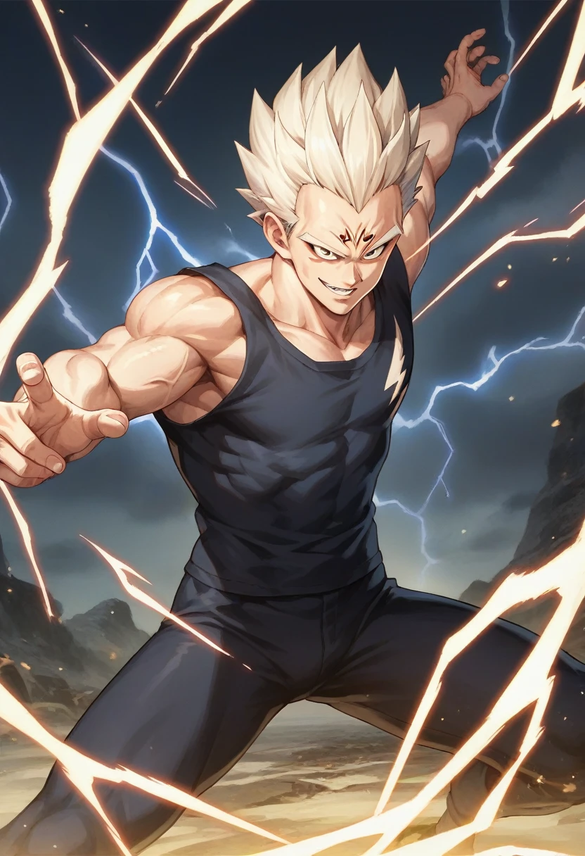 score_9, source_anime, score_8_up, score_7_up, detailed background, 1boy, solo, perfect detailed face, perfect eyes, perfect anatomy, sky, lightning, dynamic pose, dynamic composition, action scene, action pose, evil smile, golden aura