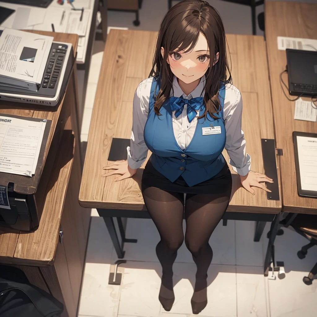 1lady solo, sitting, (from above), office worker, ((blue vest) over white dress shirt), mature female, /(dark brown hair/), kind smile, (masterpiece best quality:1.2) delicate illustration ultra-detailed, large breasts,  ((Brown pantyhose)),bowtie BREAK (modern office) indoors, (reception desk), entrance, detailed background