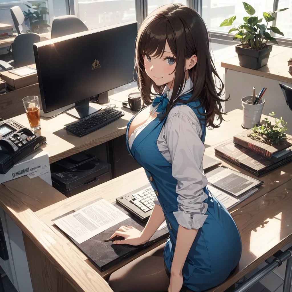 1lady solo, sitting, (from above), office worker, ((blue vest) over white dress shirt), mature female, /(dark brown hair/), kind smile, (masterpiece best quality:1.2) delicate illustration ultra-detailed, large breasts, ((Brown pantyhose)),bowtie BREAK (modern office) indoors, (reception desk), entrance, detailed background