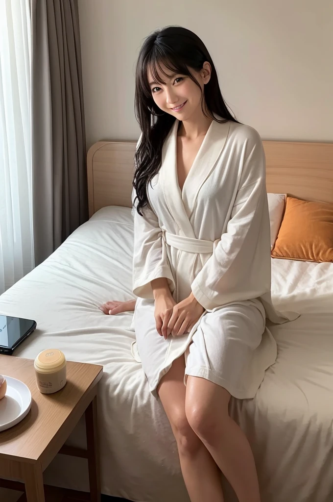 In a modern hotel room、Draw a 38-year-old Japanese woman right after she has taken a shower.。She has medium length black hair、Hair still wet。The bathrobe is white and fluffy.、The front is not closed properly and is open。She sits on the edge of the bed、Smiling with a relaxed expression。The room was dark and simple like a studio.、It has a luxurious feel、The soft orange lighting creates a warm atmosphere.。There is a large window behind、The night view is expanding。There is a modern desk and chair by the window.、On the desk is a laptop and a vase of flowers.。There is a simple nightstand and a standing lamp next to the bed.、A basket of shower products sits at her feet.