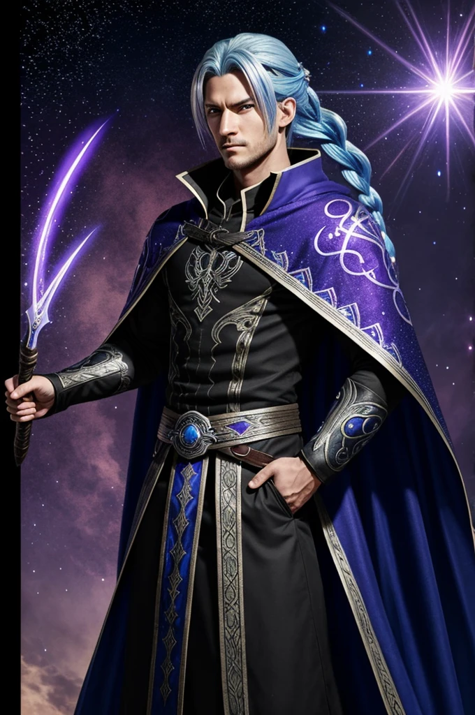 A demon slayer oc (anime) with the following characteristics • Age: 27 years.
• Height: 1,75 meters.
• Hair: long, silver with blue sparkles, usually collected in a braid.
• Eyes: violet color, with a shine that seems to change depending on the light.
• Clothes: He wears a combat robe that combines the traditional design of demon hunters with elements of a mage., including embroidery of stars and mystical symbols. He always wears a cape that seems to move as if it were made of smoke..