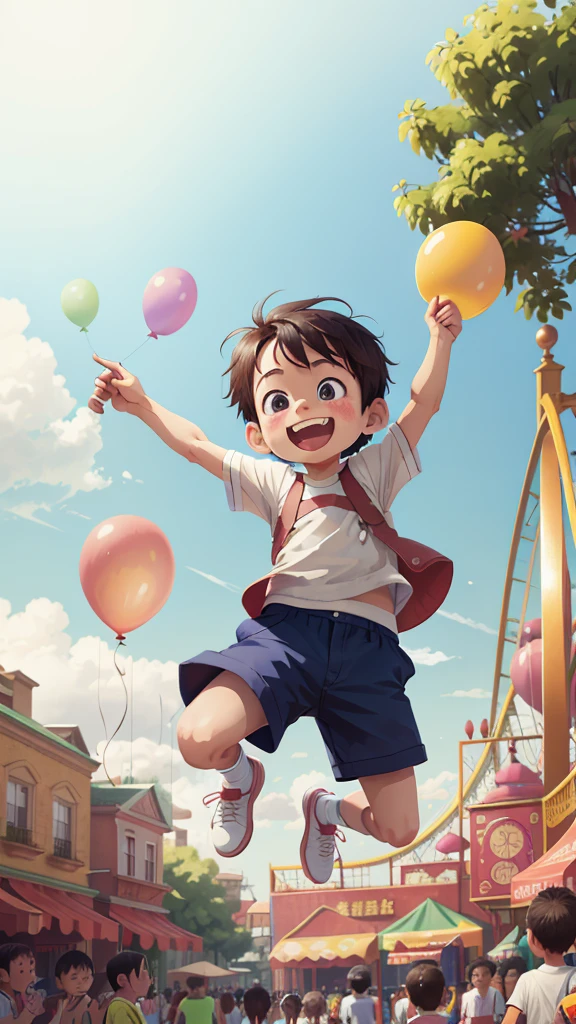 Poster making, Children's Day, in the amusement park, a little boy holding a balloon, happy, jumping, happy --v 6