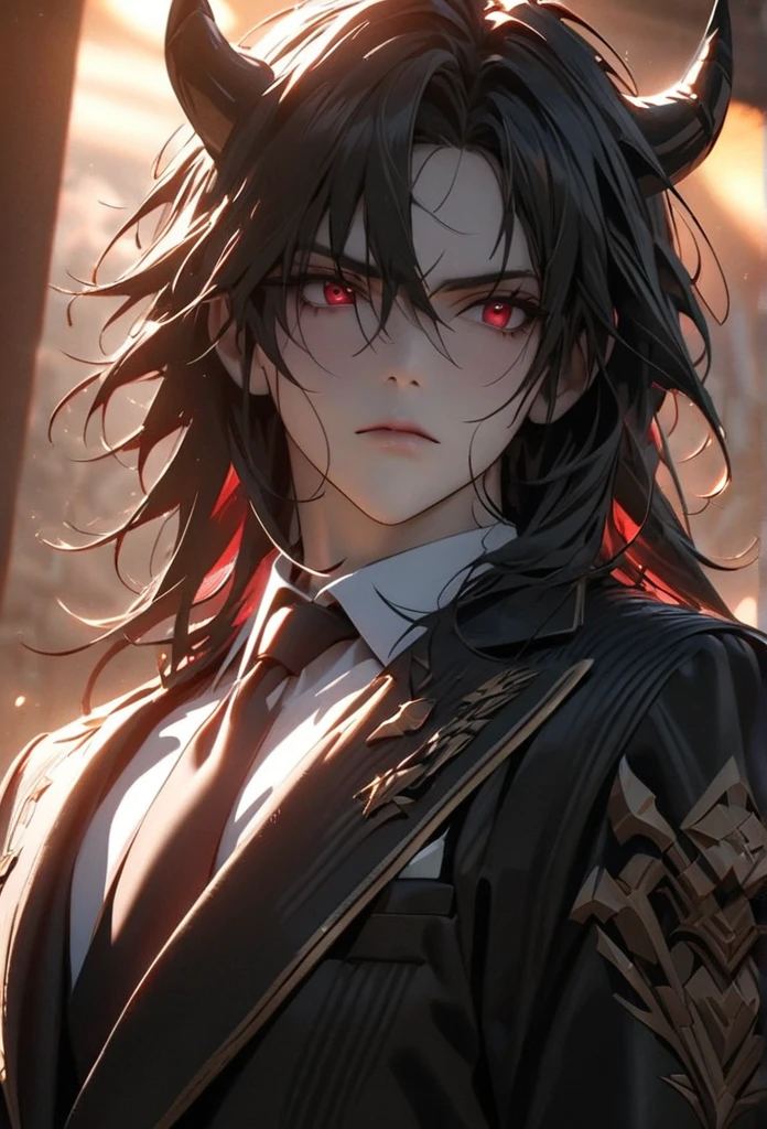 (solo), Demon lord, masculine, black hair, messy hair, mane hair, medium hair, A man bun with long hair, dense hair, wild hair, expressive hair, mature,(25 year old), pale skin, red eyes, ((man)), wearing a black Suit, black tie, black demon horns,, serious, handsome, attractive, eye reflection, depth of field, thunder aura,cinematic lighting, ray tracing, depth of field, cinematic lighting, ray tracing, UHD, high details, best quality, highres, high quality, award winning, super detail, masterpiece, 8k, UHD, high details, best quality, highres, high quality, award winning, super detail, masterpiece, 8k, digital art, anime coloring, full body, body shot, good face, perfect face, detailed face, good eyes, sitting on a throne