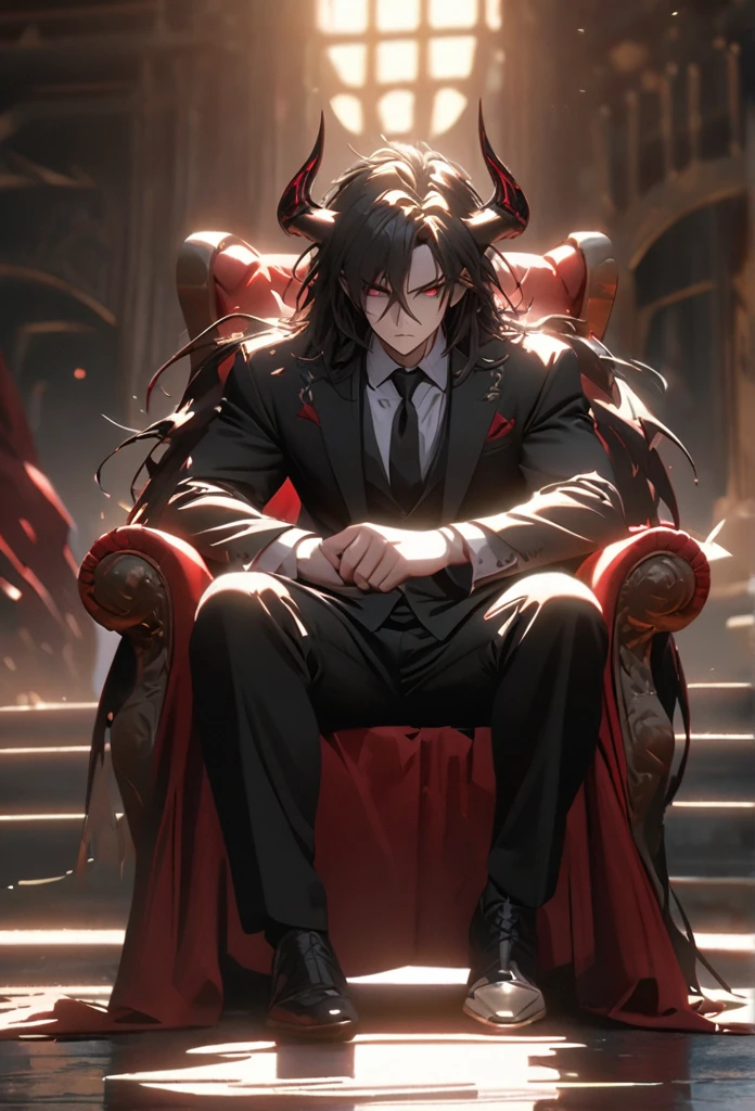 (solo), Demon lord, masculine, black hair, messy hair, mane hair, medium hair, A man bun with long hair, dense hair, wild hair, expressive hair, mature,(25 year old), pale skin, red eyes, ((man)), wearing a black Suit, black tie, black demon horns,, serious, handsome, attractive, eye reflection, depth of field, thunder aura,cinematic lighting, ray tracing, depth of field, cinematic lighting, ray tracing, UHD, high details, best quality, highres, high quality, award winning, super detail, masterpiece, 8k, UHD, high details, best quality, highres, high quality, award winning, super detail, masterpiece, 8k, digital art, anime coloring, full body, body shot, good face, perfect face, detailed face, good eyes, sitting on a throne