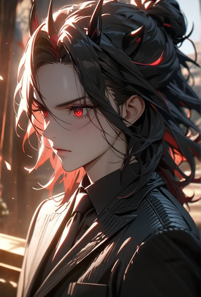 (solo), Demon lord, masculine, black hair, messy hair, mane hair, medium hair, A man bun with long hair, dense hair, wild hair, expressive hair, mature,(25 year old), pale skin, red eyes, ((man)), wearing a black Suit, black tie, black demon horns,, serious, handsome, attractive, eye reflection, depth of field, thunder aura,cinematic lighting, ray tracing, depth of field, cinematic lighting, ray tracing, UHD, high details, best quality, highres, high quality, award winning, super detail, masterpiece, 8k, UHD, high details, best quality, highres, high quality, award winning, super detail, masterpiece, 8k, digital art, anime coloring, full body, body shot, good face, perfect face, detailed face, good eyes, sitting on a throne