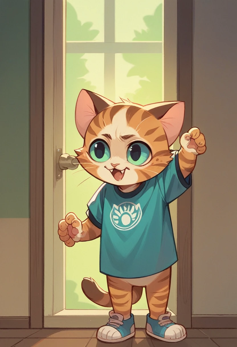A baby cat standing in a room wearing a shirt of the Ecuadorian soccer team