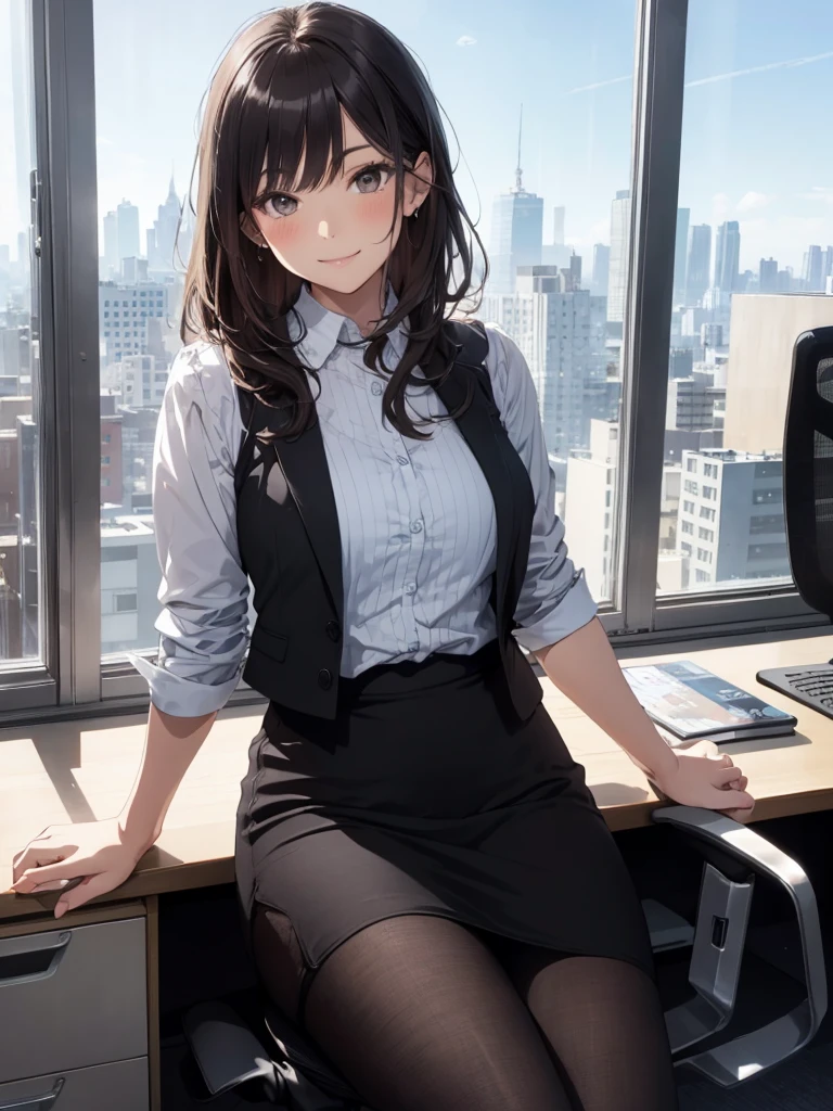 1lady sitting (crossed legs), office worker (stylish outfit), (gray vest) (pencil skirt), mature female, /(dark brown hair/) bangs, blush kind smile, (masterpiece best quality:1.2) delicate illustration ultra-detailed, large breasts, pantyhose BREAK (modern office indoors), window cityscape, detailed background