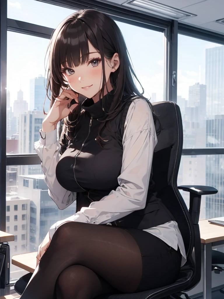 1lady sitting (crossed legs), office worker (stylish outfit), (gray vest) (pencil skirt), mature female, /(dark brown hair/) bangs, blush kind smile, (masterpiece best quality:1.2) delicate illustration ultra-detailed, large breasts, pantyhose BREAK (modern office indoors), window cityscape, detailed background