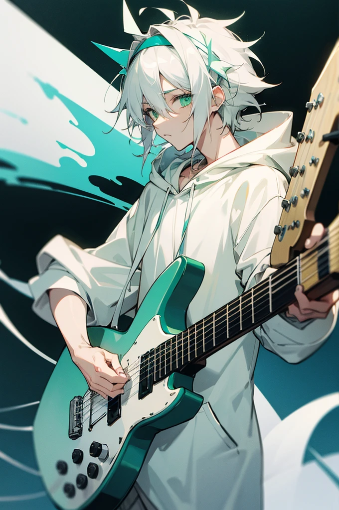 1male , White Headband , Whitish Pale Blue Messy Hair , Green Eyes , White Hoodie , Holding a White Guitar , Green Horns , Calm Expression