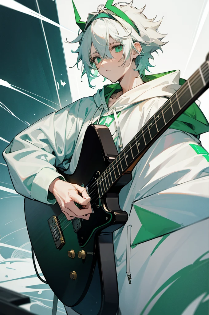 1male , White Headband , Whitish Pale Blue Messy Hair , Green Eyes , White Hoodie , Holding a White Guitar , Green Horns , Calm Expression
