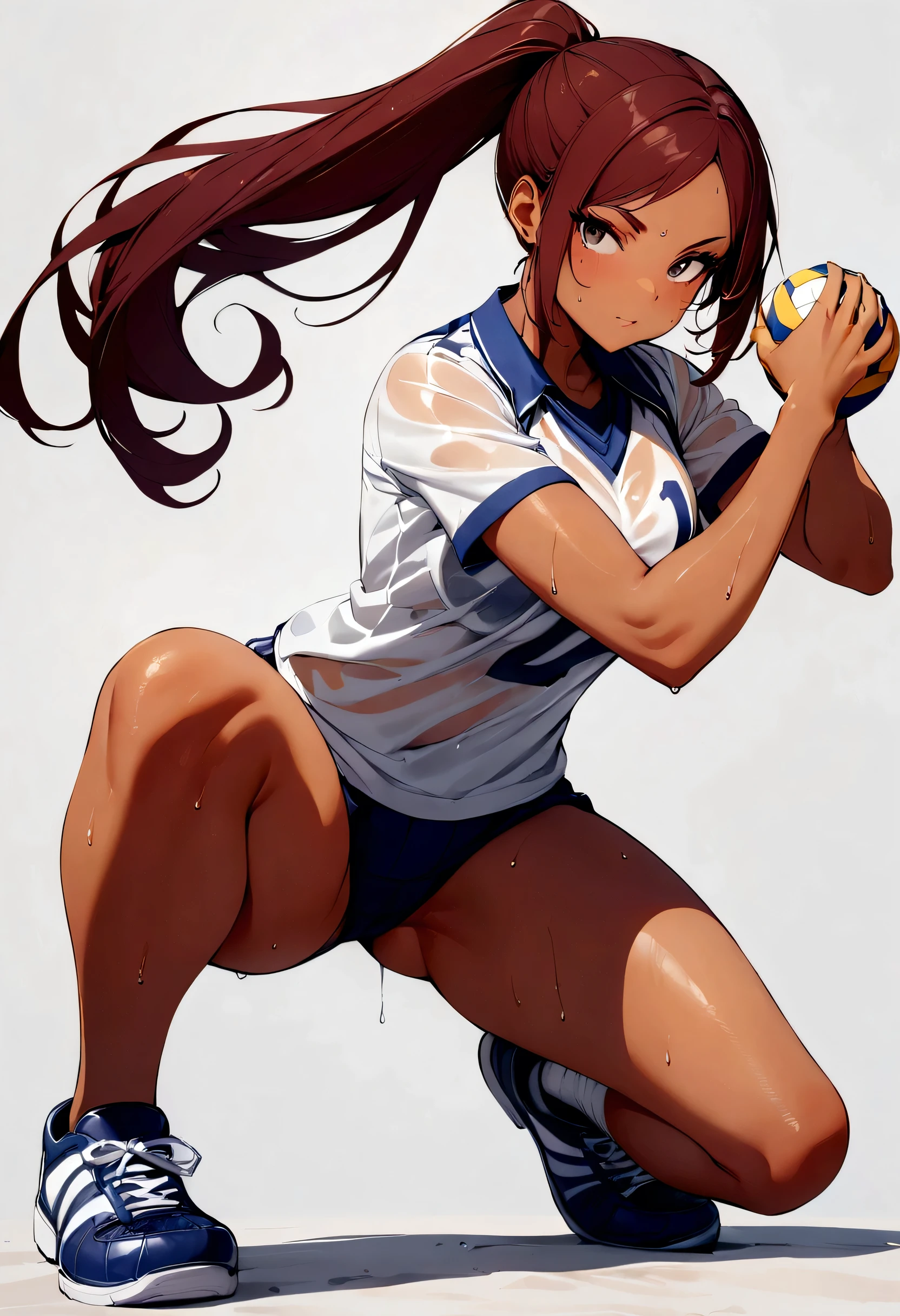 ((best quality)), ((masterpiece)), (detailed), 1girl with tan orange skin and maroon ponytail hair, wet shirt, varsity volleyball player, blank gray background, attack pose, holding volleyball, full body, wearing rubber shoes