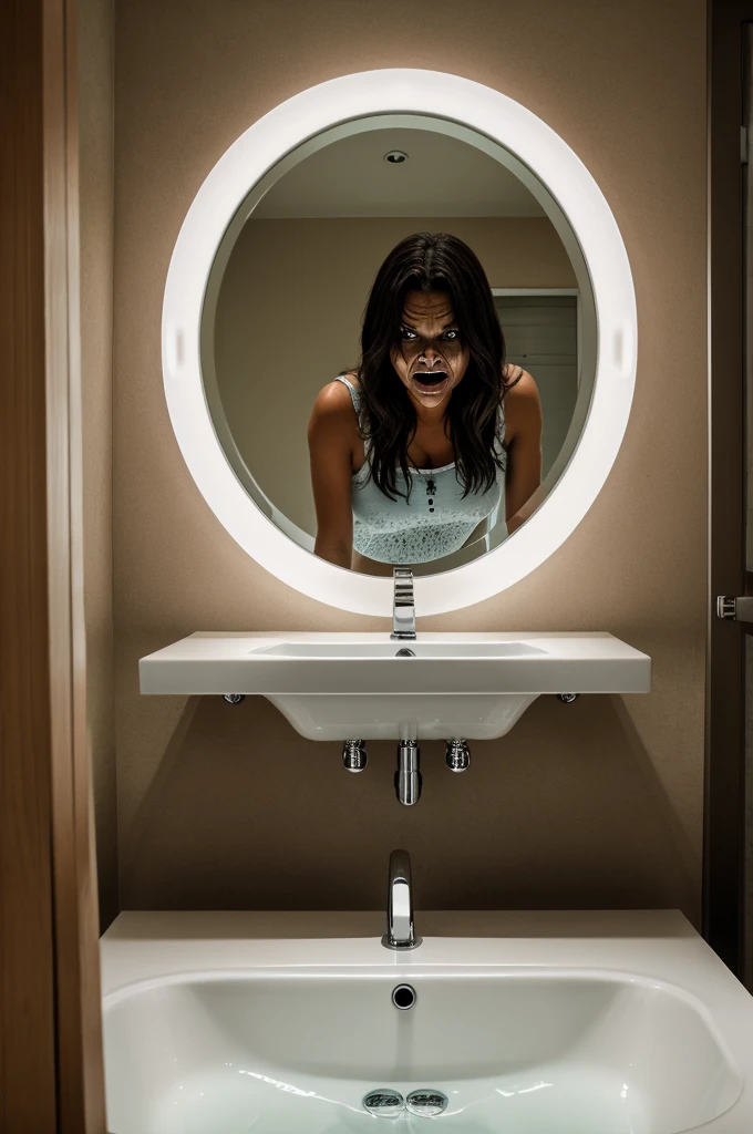 Camera angle from inside the wash basin a women watching in mirror with a scary face