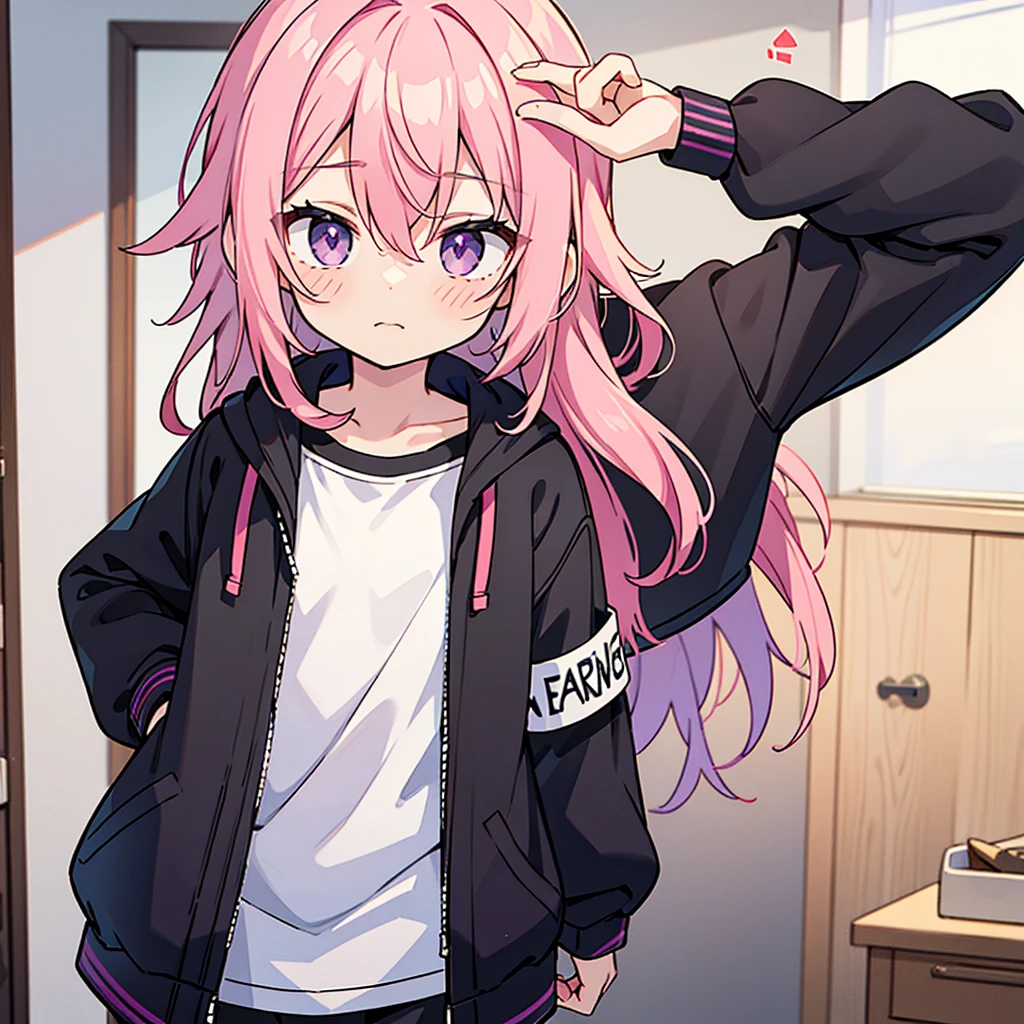 Saika have ,he is a boy, he has short striking pink hair that falls in soft waves around his face, complementing his vibrant purple eyes. His features are sharp and defined, with a youthful charm that is accentuated by his slender build. He often wears a stylish black jacket over a graphic t-shirt and jogging àd sometimes tight, completing his edgy and modern look, he is in his bedroom. He blush a bit