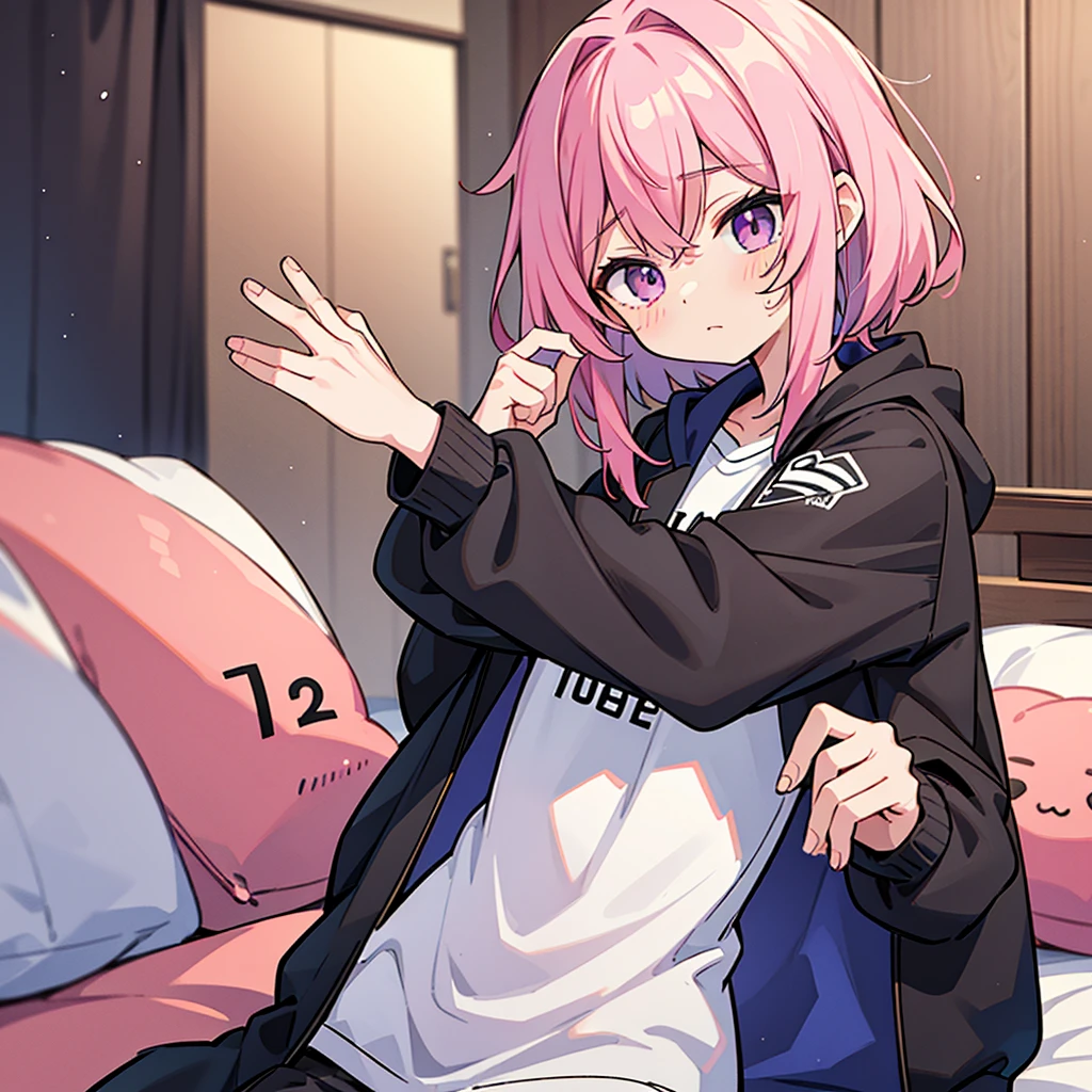 Saika have 14 years old,he is a boy, he has short striking pink hair that falls in soft waves around his face, complementing his vibrant purple eyes. His features are sharp and defined, with a youthful charm that is accentuated by his slender build. He often wears a stylish black jacket over a graphic t-shirt and jogging àd sometimes tight, completing his edgy and modern look, he is in his bedroom. He blush a bit 