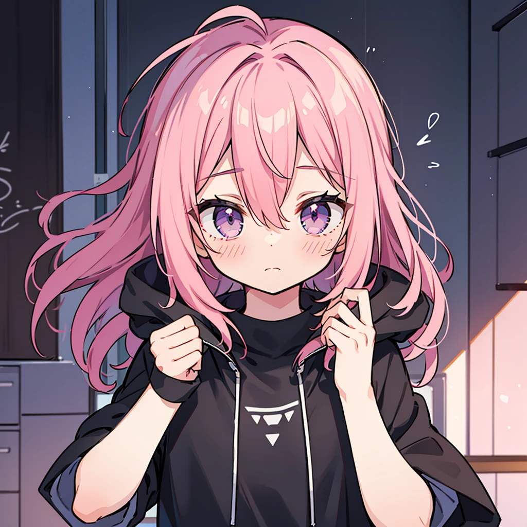 Saika have 14 years old,he is a boy, he has short striking pink hair that falls in soft waves around his face, complementing his vibrant purple eyes. His features are sharp and defined, with a youthful charm that is accentuated by his slender build. He often wears a stylish black jacket over a graphic t-shirt and jogging àd sometimes tight, completing his edgy and modern look, he is in his bedroom. He blush a bit