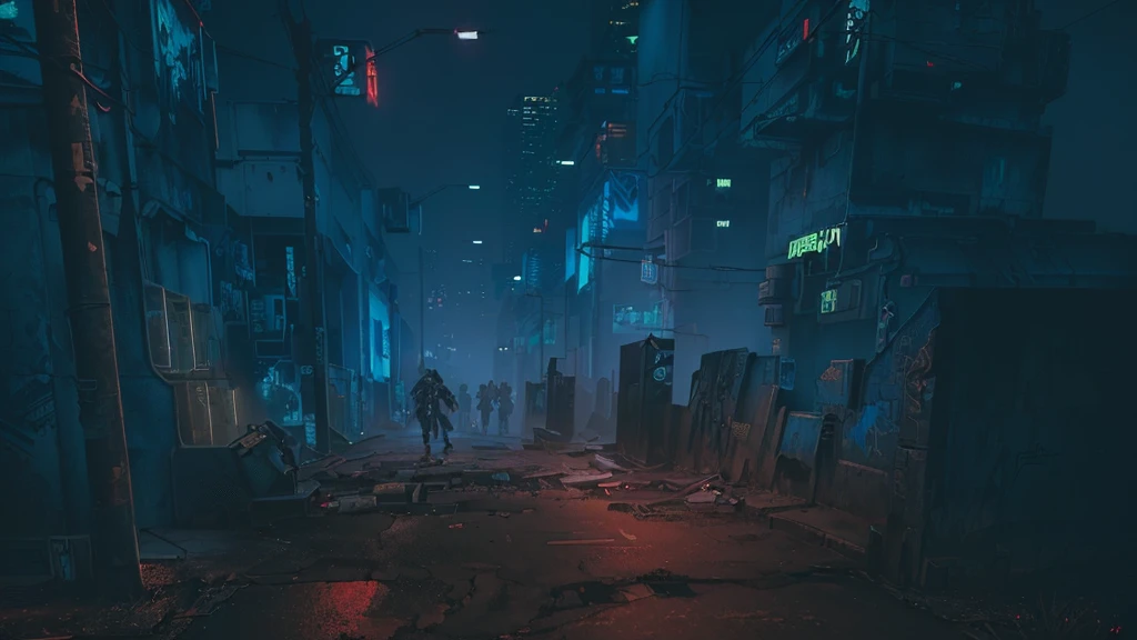 there is a dark street with a lot of graffiti, cyberpunk street at night, cyberpunk streets at night, hyper-realistic cyberpunk city, cyberpunk city street, cyberpunk street, cyberpunk city abandoned, cyberpunk dreamscape, cyberpunk night street, cyberpunk landscape, sci-fi cyberpunk city street, cyberpunk atmosphere, old cyberpunk 8k resolution, dirty cyberpunk city, cyberpunk atmosphere