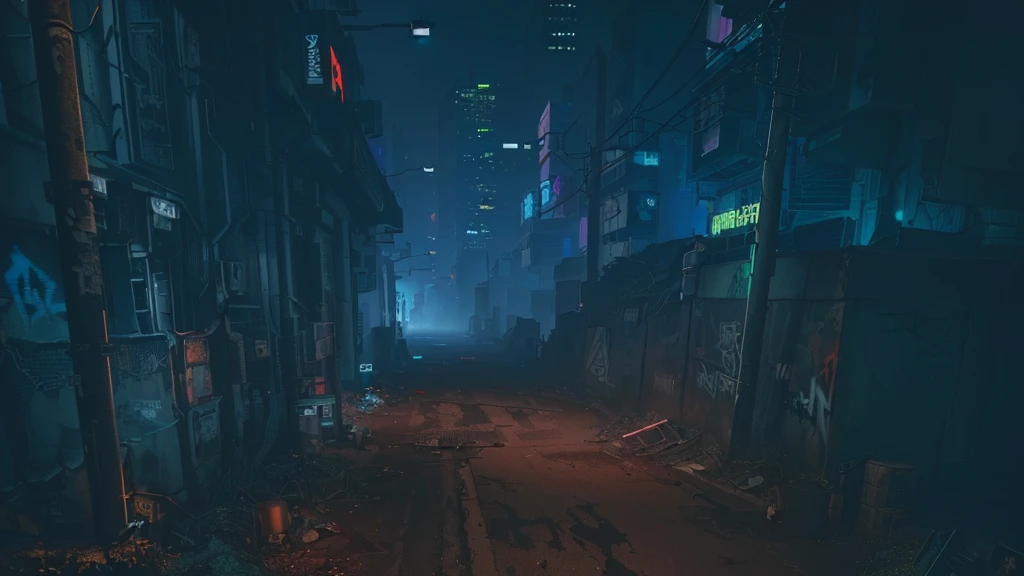 there is a dark street with a lot of graffiti, cyberpunk street at night, cyberpunk streets at night, hyper-realistic cyberpunk city, cyberpunk city street, cyberpunk street, cyberpunk city abandoned, cyberpunk dreamscape, cyberpunk night street, cyberpunk landscape, sci-fi cyberpunk city street, cyberpunk atmosphere, old cyberpunk 8k resolution, dirty cyberpunk city, cyberpunk atmosphere