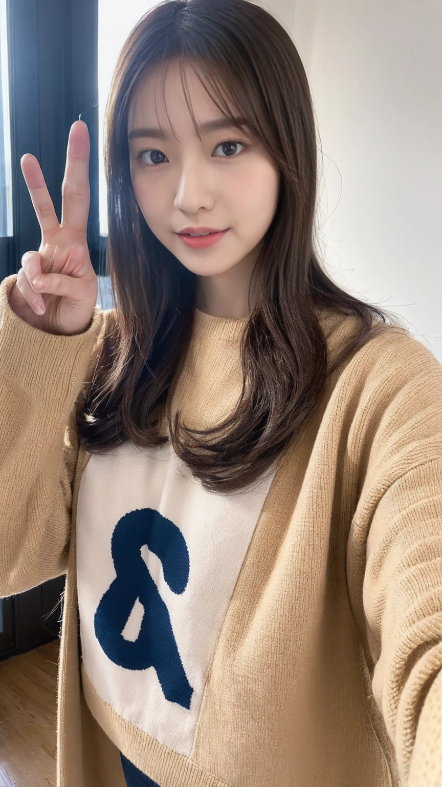 8K, details, Vertical portrait of a charming young Japanese lady making a peace sign, selfie style, high-definition, natural light, as if taken with a Canon camera