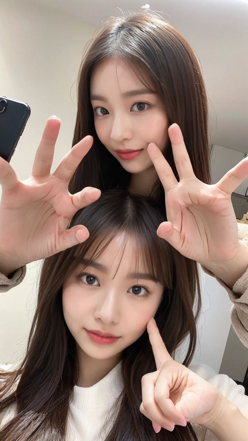 8K, details, Vertical portrait of a charming young Japanese lady making a peace sign, selfie style, high-definition, natural light, as if taken with a Canon camera