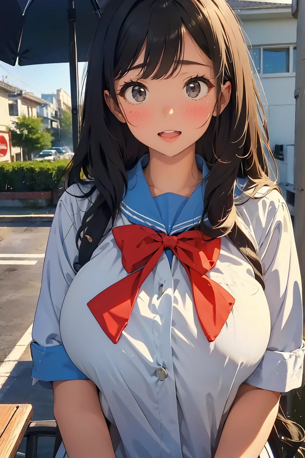 (masterpiece:1.6),(best quality:1.6), (ultra high res1.2),perfect proportion,(dark hair:1), ( black hair:1), (black eyes:1.1),(beautiful Busty breasts:1.5), (beautiful girl:1.4),18age, a girl,a beautiful girl, (medium bob hair:1.2),a sexy mole around the mouth,open mouth,(aroused:1.3), (embarrassed:1.3), blush,(Raincoat:1.1),(school uniform1),a red Checked bow tie, (upper body shot:1.1),Morning school hours, ((rain, rain降り)), Raincoatを着て,