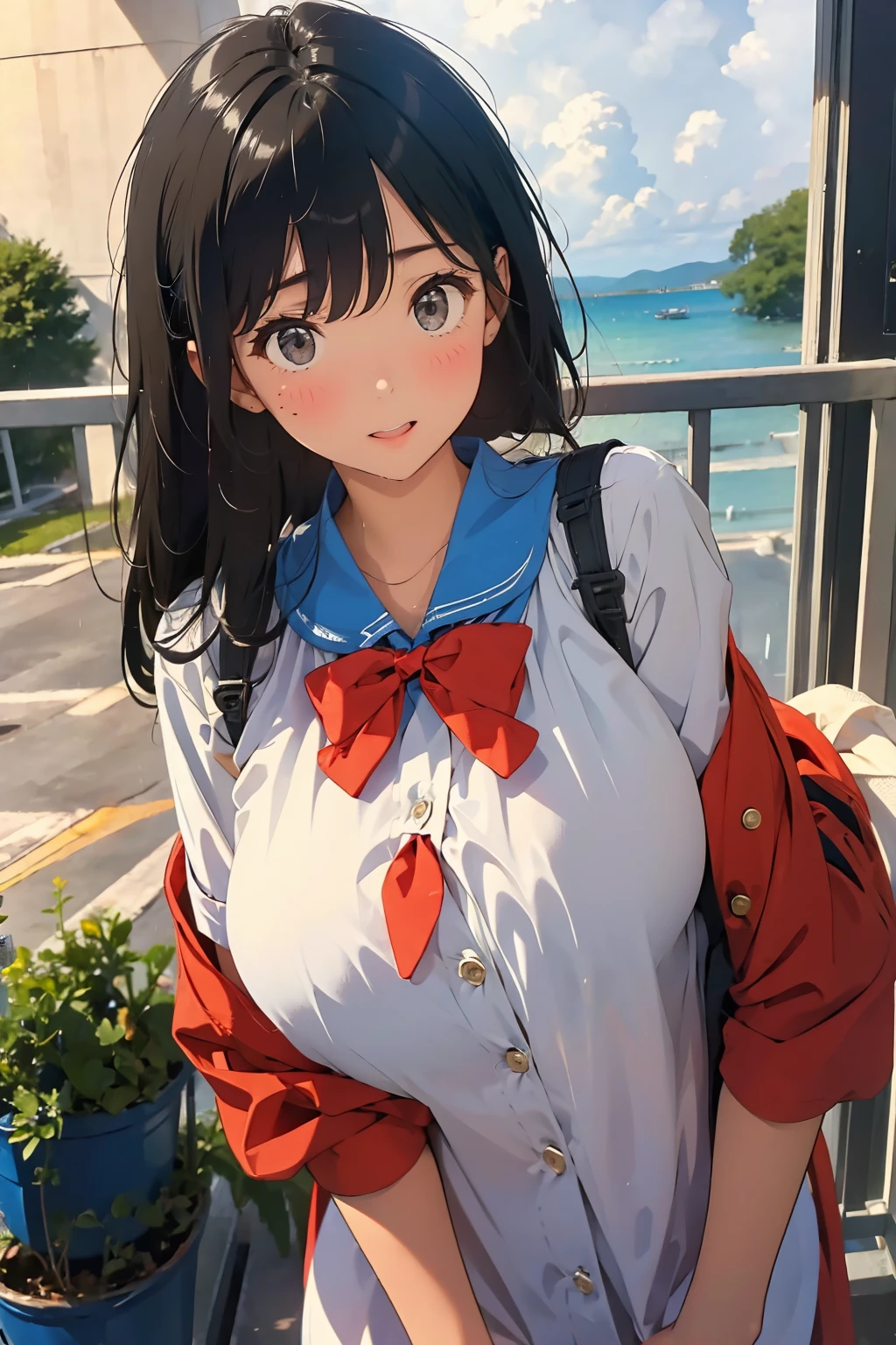 (masterpiece:1.6),(best quality:1.6), (ultra high res1.2),perfect proportion,(dark hair:1), ( black hair:1), (black eyes:1.1),(beautiful Busty breasts:1.5), (beautiful girl:1.4),18age, a girl,a beautiful girl, (medium bob hair:1.2),a sexy mole around the mouth,open mouth,(aroused:1.3), (embarrassed:1.3), blush,(Raincoat:1.1),(school uniform1),a red Checked bow tie, (upper body shot:1.1),Morning school hours, ((rain, rain降り)), Raincoatを着て, 