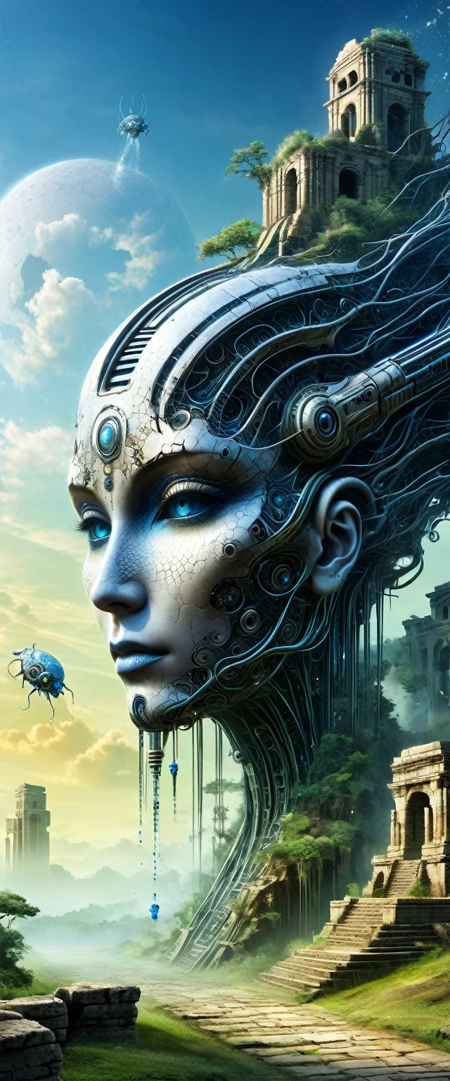 Cybernetic organisms merge with ancient ruins, bridging the gap between past and future civilizations.