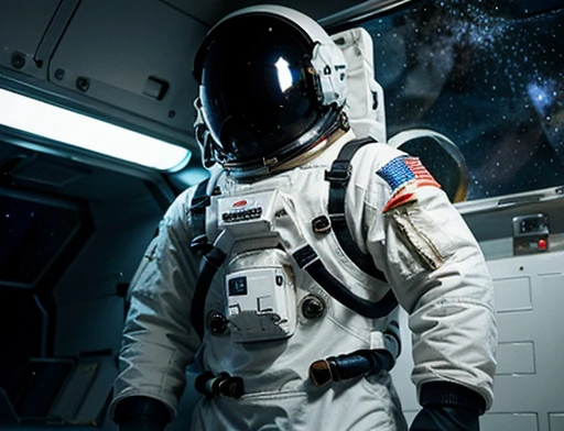 The astronaut wearing a spacesuit on the ice planet looks at something impressed . Focusing on the astronaut's face with expressions of terror at what he witnessed. Space helmet transparent visor, Different angles.