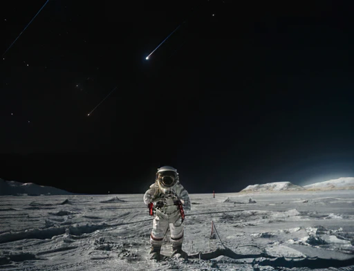 The astronaut wearing a spacesuit on the ice planet looks at something impressed . Focusing on the astronaut's face with expressions of terror at what he witnessed. Space helmet transparent visor, Different angles.