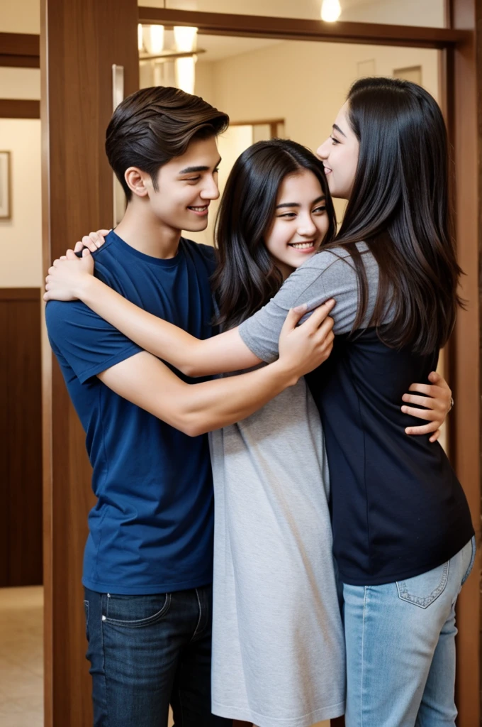 Two young people hugging, both of them are tall, both of them are handsome.
