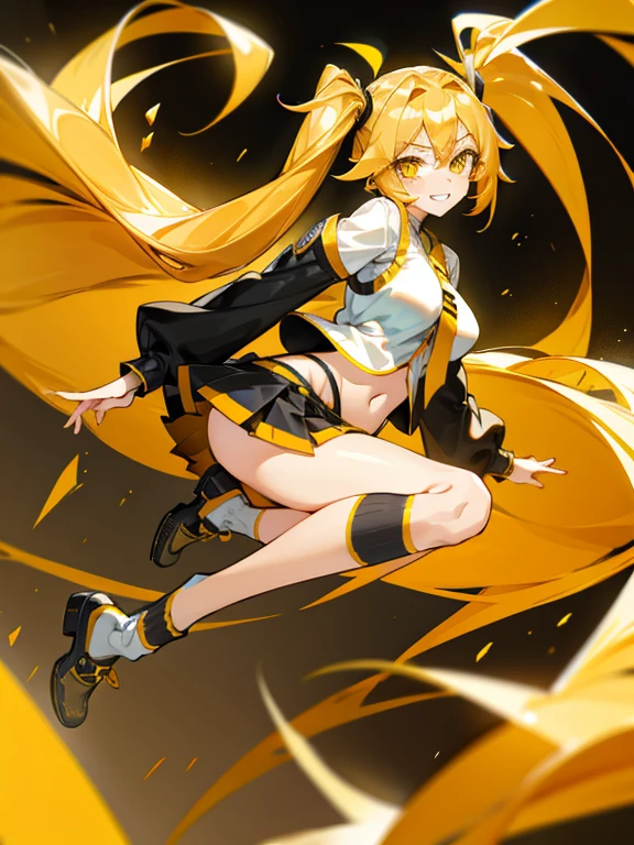 1girl, yellow long hair, left side ponytail, very long hair, big breasts, midriff, pleated skirt, white shirt, , yellow eyes, loose socks, black shoes, grin